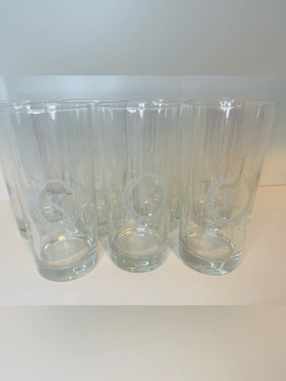 ‘K’ Monogrammed, Classic Clear Etched Highball Glasses - Set of Tall Tumblers,